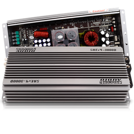 Sundown Audio SUN-SAEv.4-3000D amplifier, angled view showing heatsink and open circuit board with caution label