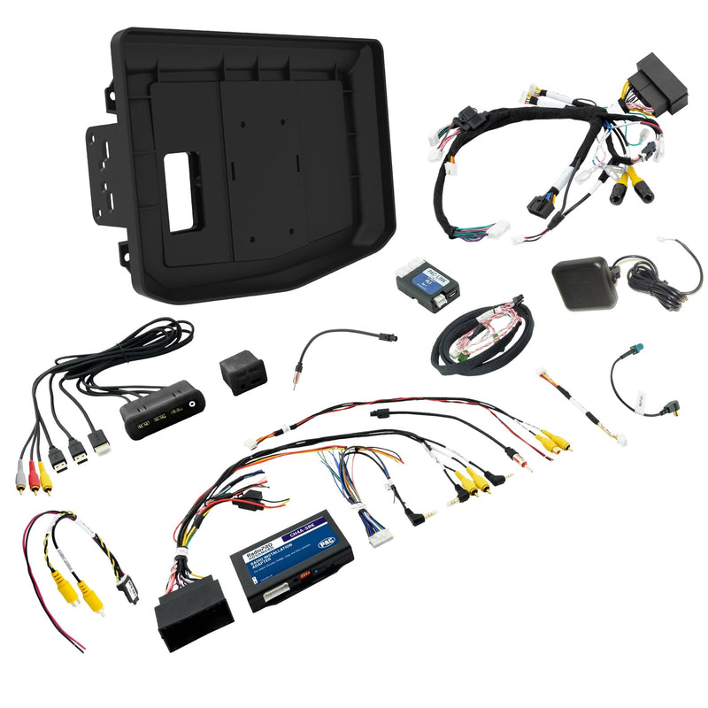 Stinger STG-SRK-RAM13H kit parts laid out, dash panel, wiring harnesses and adapters