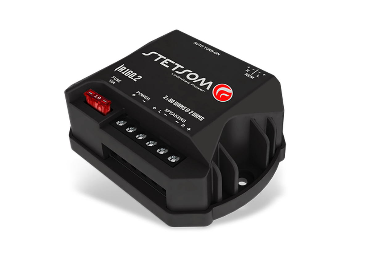 Stetsom IR160.2 Digital Amplifier, angled view showing power and speaker terminals and fuse