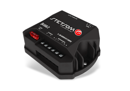Stetsom IR160.2 Digital Amplifier, angled view showing power and speaker terminals and fuse