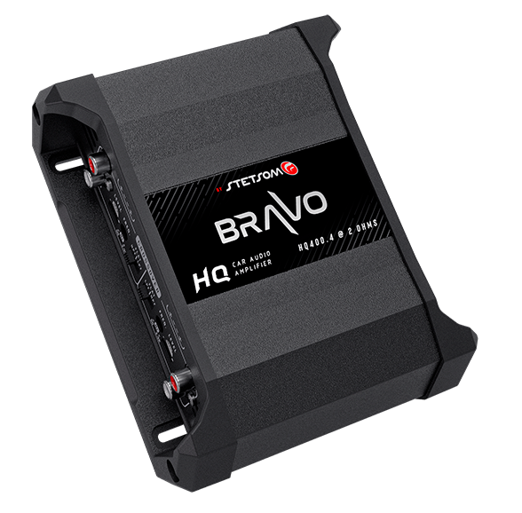 Stetsom Bravo HQ 400.4, top angled view with side terminals and brand logo visible