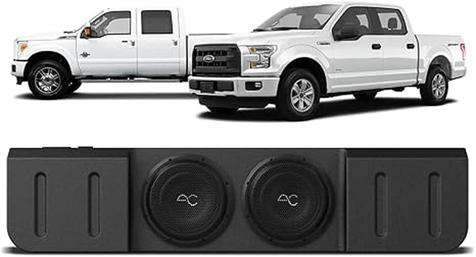 Stinger TXFF15D10, dual Ford F-150 trucks shown above the sealed dual 10 inch subwoofer enclosure
