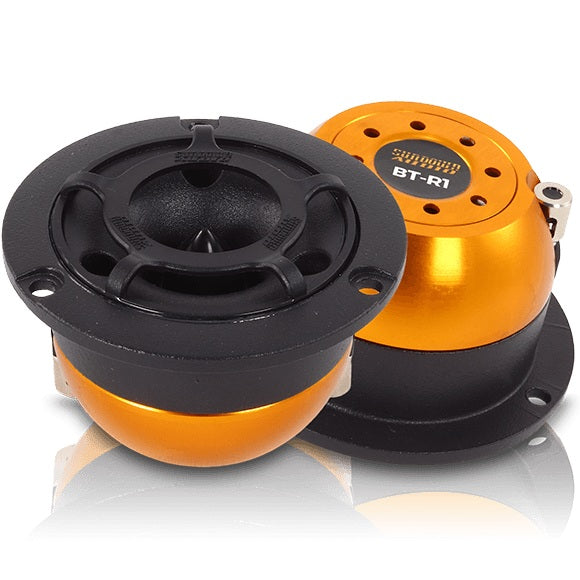 Sundown Audio BT1R4 BT-R1 tweeter pair, front grille view and rear orange housing shown side by side
