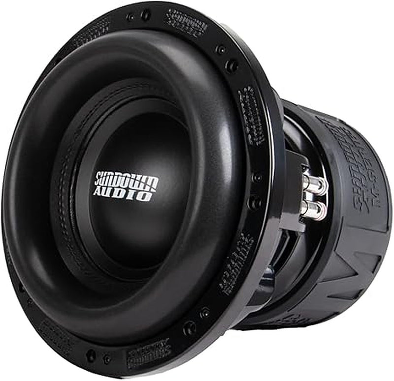 Sundown Audio M10D1 subwoofer, angled front view showing cone, surround and terminals