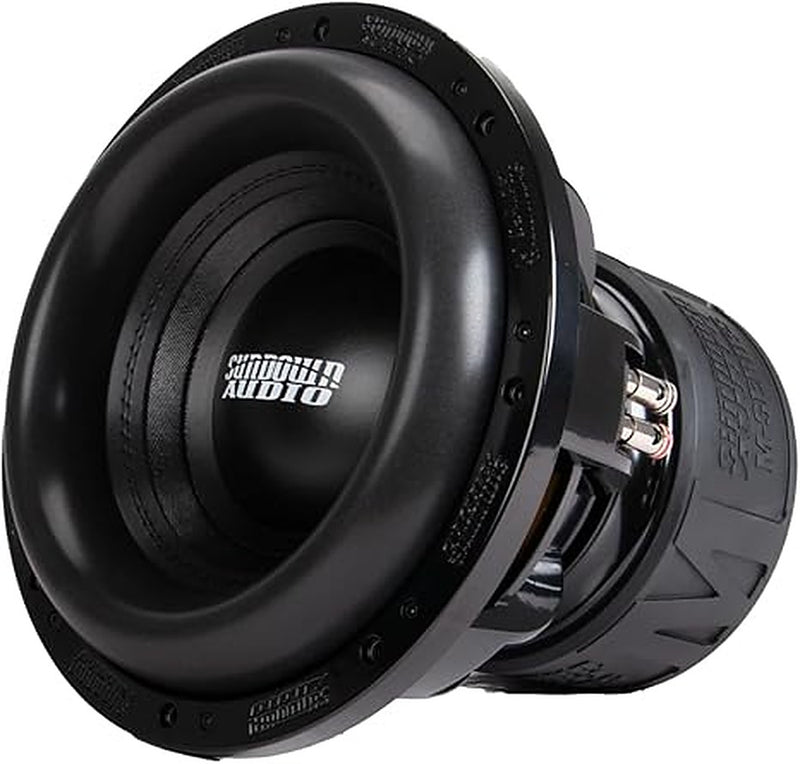 Sundown Audio M12D2, angled view showing cone, surround, terminals and vented basket