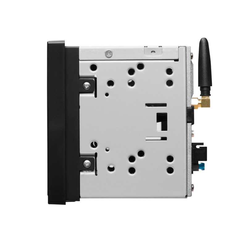 Boss Audio BE7ACP.WX, side view showing metal chassis, mounting holes, and antenna