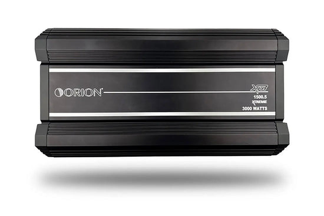 Orion XTR1500.5 amplifier, front view showing logo badge and heatsink fins