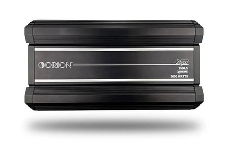 Orion XTR1500.5 amplifier, front view showing logo badge and heatsink fins