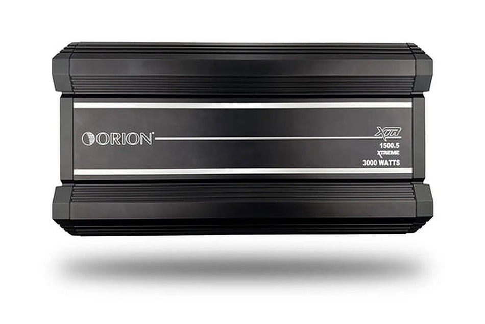 Orion XTR1500.5 amplifier, front view showing logo badge and heatsink fins