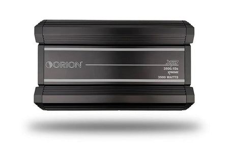Orion XTR3500.1Dz monoblock amplifier, front view showing logo and heatsink fins