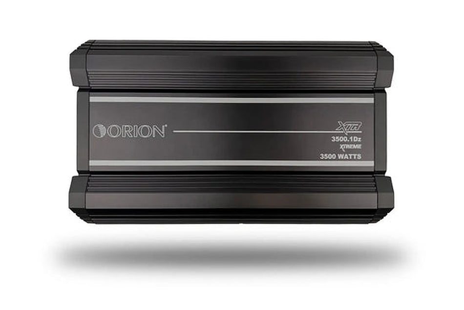 Orion XTR3500.1Dz monoblock amplifier, front view showing logo and heatsink fins