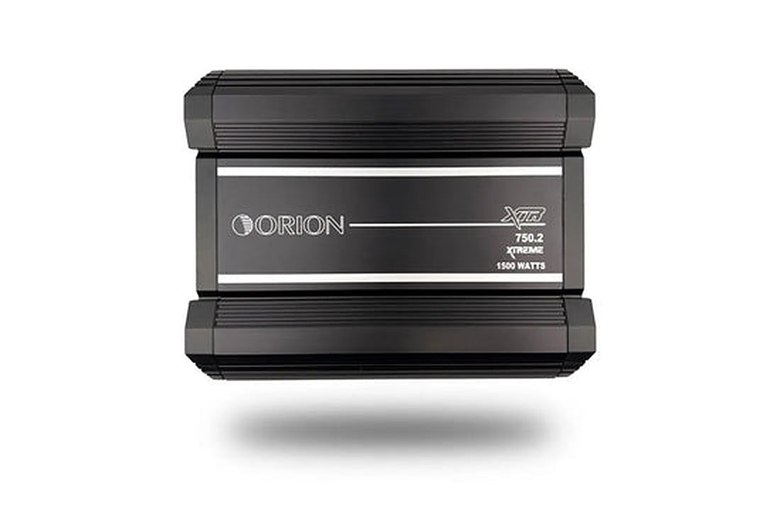 Orion XTR750.2 amplifier, front view showing logo badge and finned heatsink sides