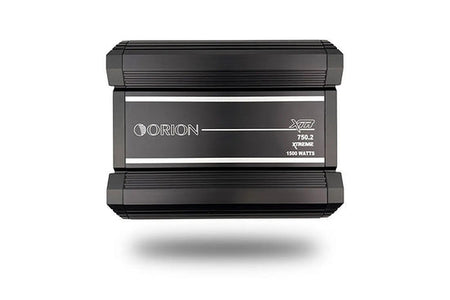 Orion XTR750.2 amplifier, front view showing logo badge and finned heatsink sides
