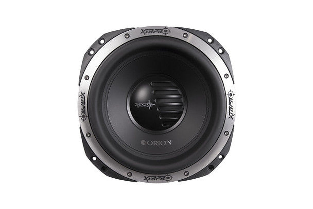 Orion XTRPRO122D 12 inch subwoofer, front view showing cone, dust cap and metal frame