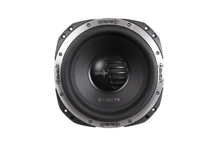 Orion XTRPRO122D 12 inch subwoofer, front view showing cone, dust cap and metal frame