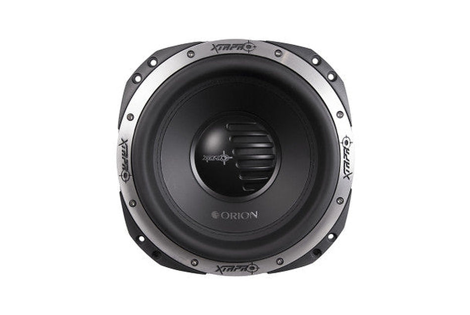 Orion XTRPRO122D 12 inch subwoofer, front view showing cone, dust cap and metal frame