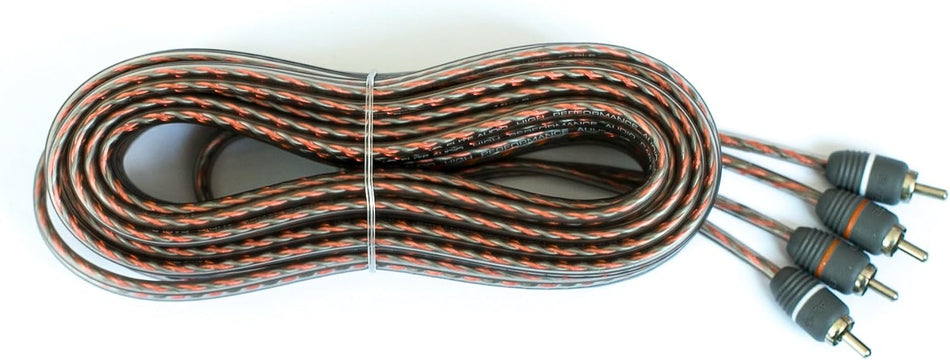 Elite Audio EA-RCA25, figure eight coiled cable with four RCA connectors on white background