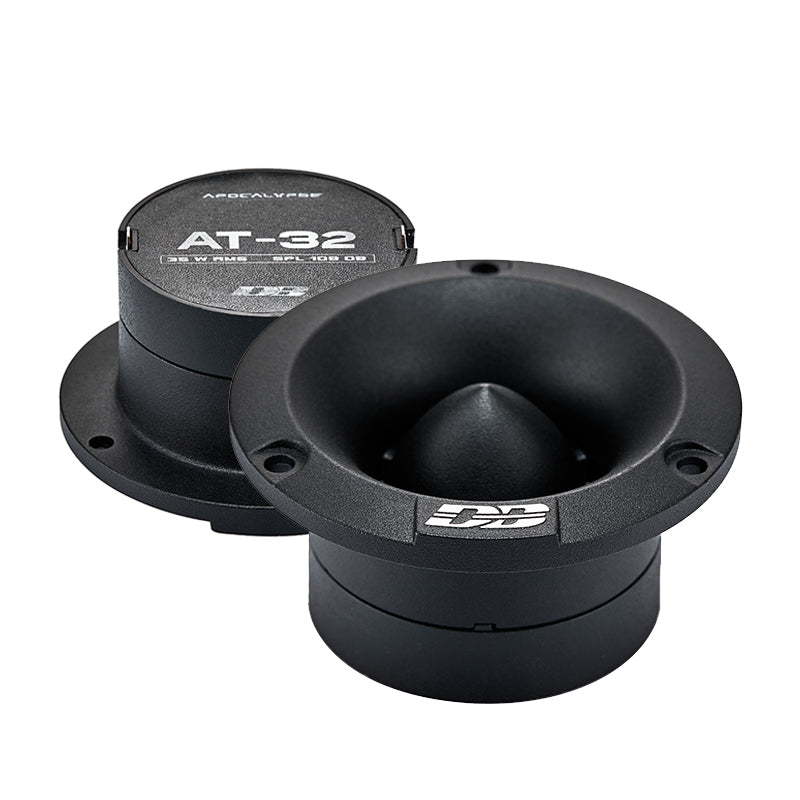 A pair of Deaf Bonce Apocalypse AT-32 tweeters, which are 3-inch car speakers, primarily black in color with a neodymium magnet and aluminum diaphragm.