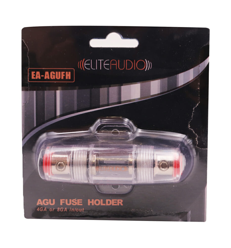 Elite Audio EA-AGUFH AGU Fuse Holder, front view in retail blister packaging with logo