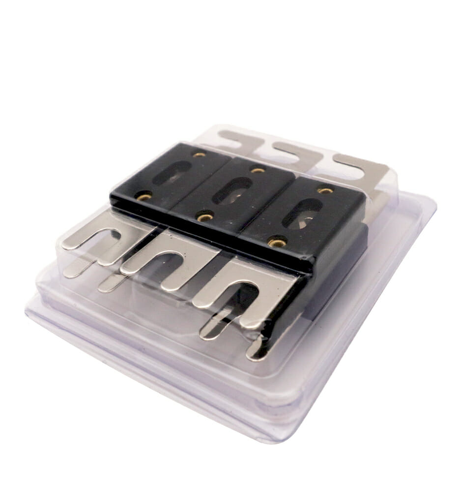 Elite Audio EA-ANL100-5, angled view of fuses in clear plastic clamshell packaging