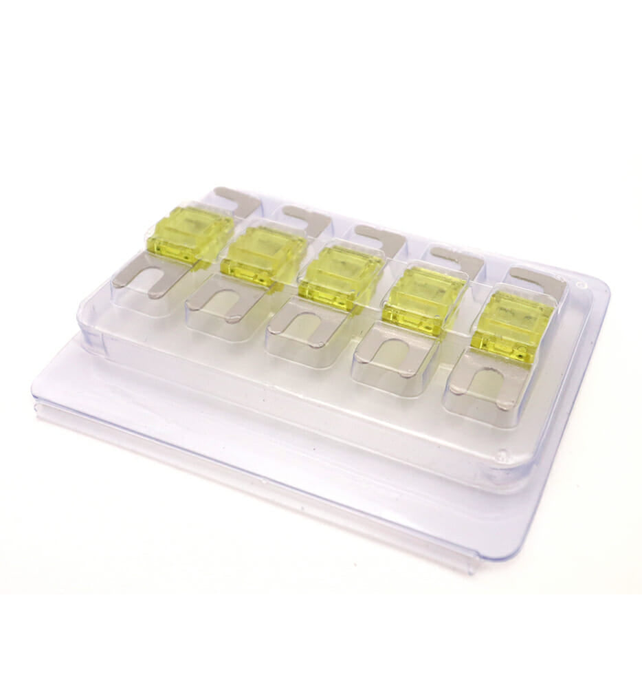 Elite Audio EA-MANL100-5, angled view of five nickel plated mini ANL fuses in tray