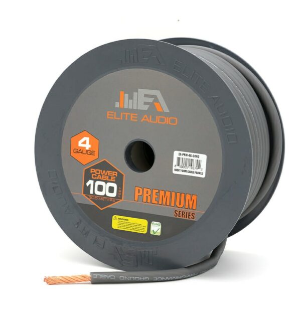 Elite Audio EA-PRM4G-GRND spool of gray 4 gauge cable with orange logo label