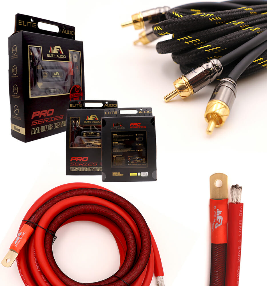 Elite Audio EA-PROK0 Pro Series amp kit, retail packaging beside coiled RCA cables and red power wire