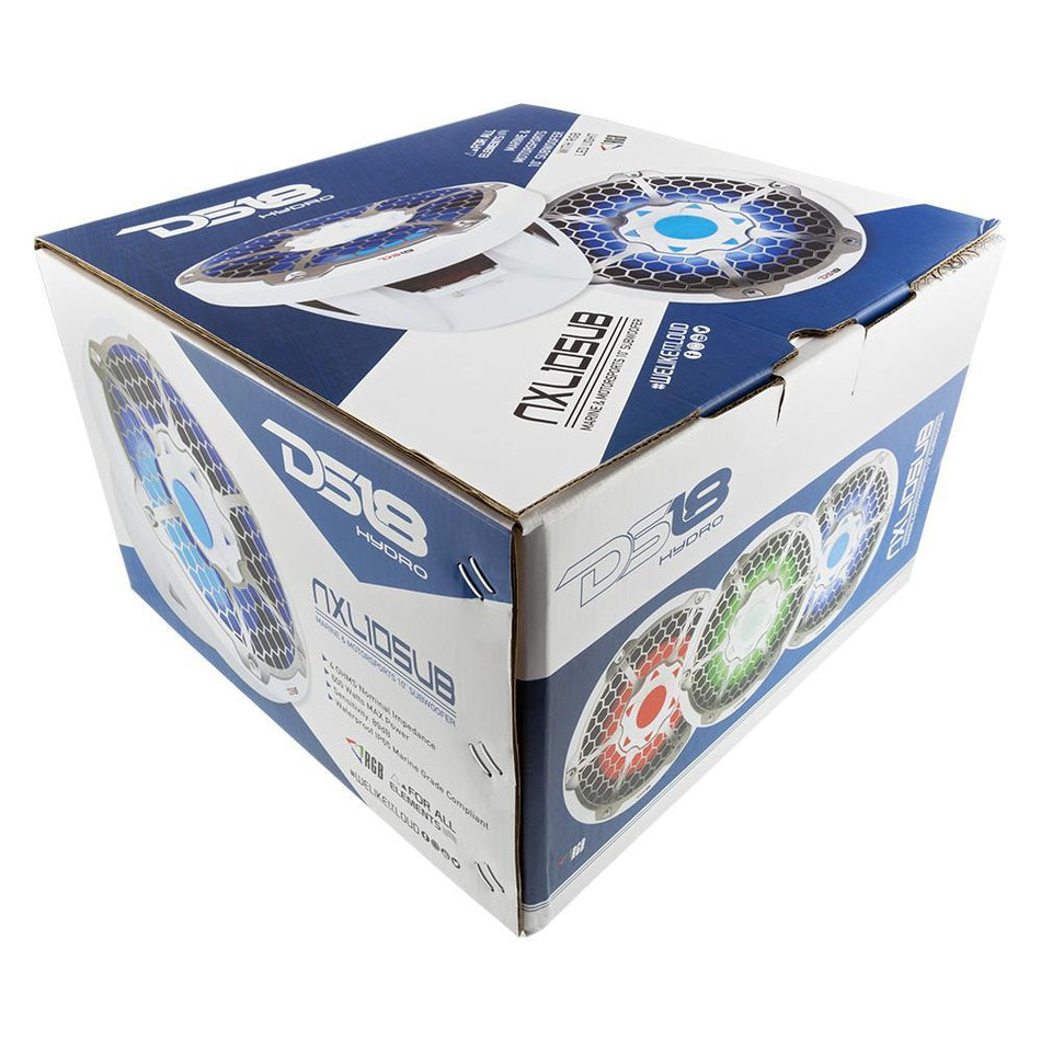 DS18 DS-NXL-10SUB/WH HYDRO 10 Inch Marine Subwoofer with Integrated RGB Lights 600 Watts SVC 4-Ohm White DS18