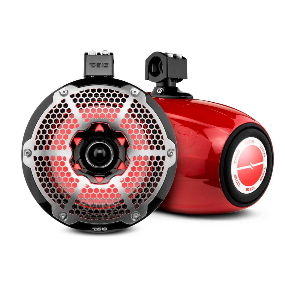 DS18 DS-NXL-X10TPNEO/RD HYDRO 10 Inch Neodymium Marine Towers W/ Built-in Passive Radiator 1 Inch Driver and RGB LED Light 900 Watts Red DS18