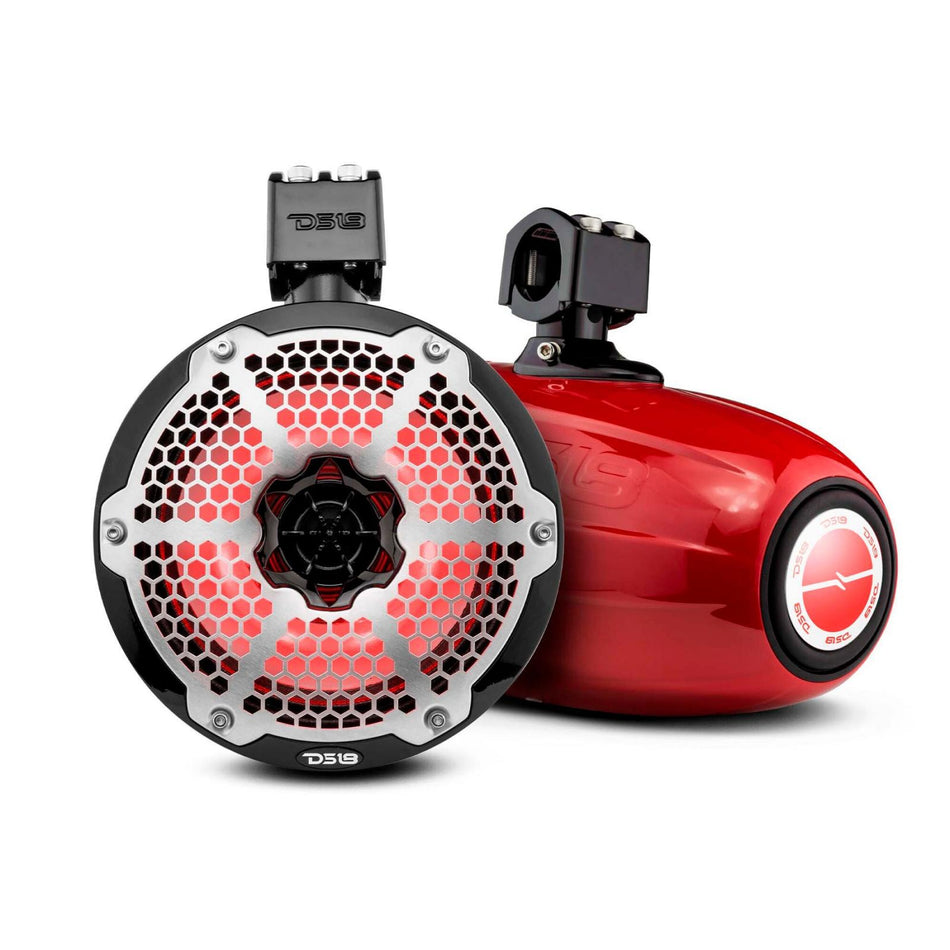DS18 DS-NXL-X8TPNEO/RD HYDRO 8 Inch Neodymium Marine Towers W/ Built-in Passive Radiator 1 Inch Driver and RGB LED Light 550 Watts Red DS18