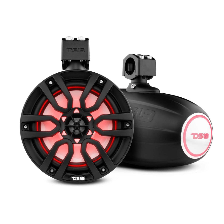 DS18 DS-NXL-X8TP/BK HYDRO 8 Inch Marine Towers W/ Integrated RGB LED Lights 375 Watts Black DS18