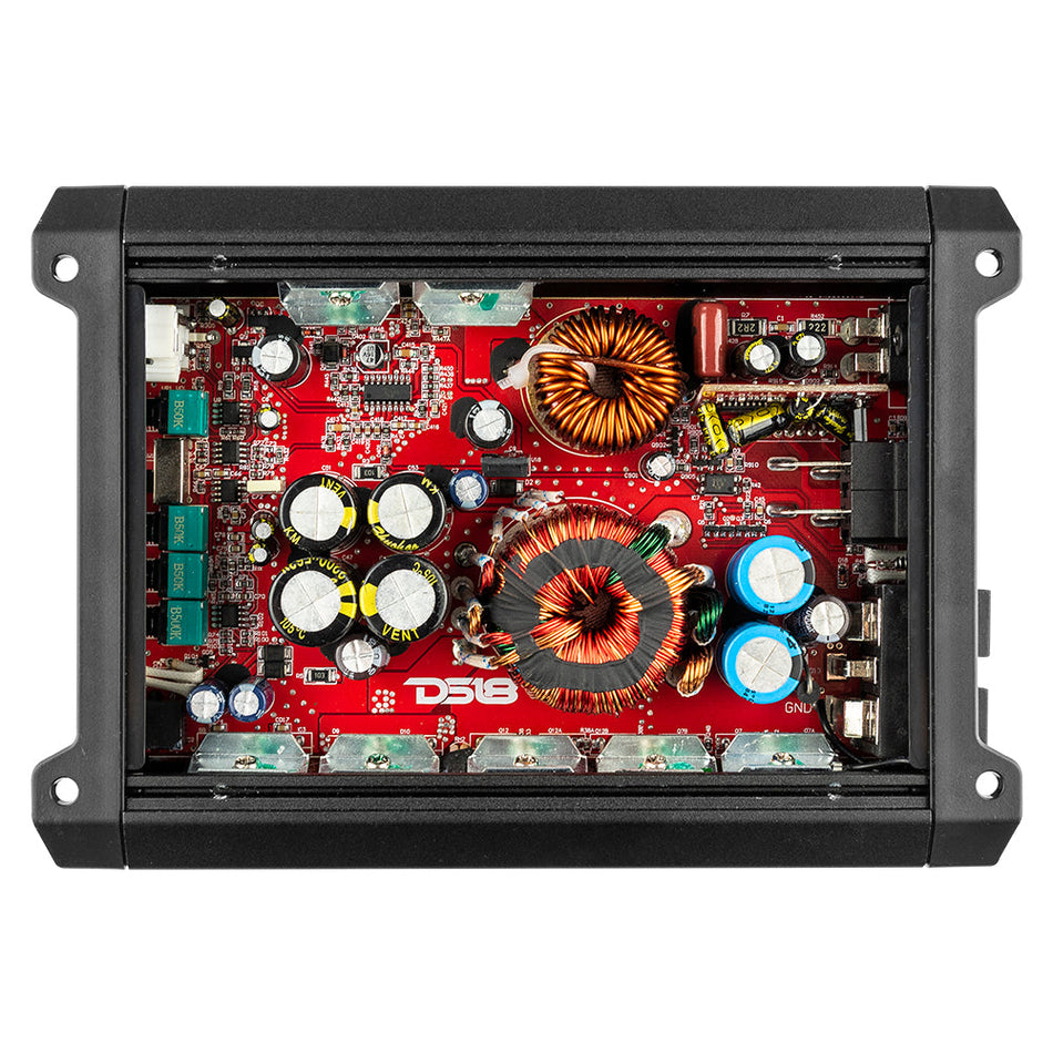 DS18 DS-SXE-2500.1D/BK Class D 1-Channel Monoblock Amplifier 2500 Watts Red 1-Ohm Stable Black DS18