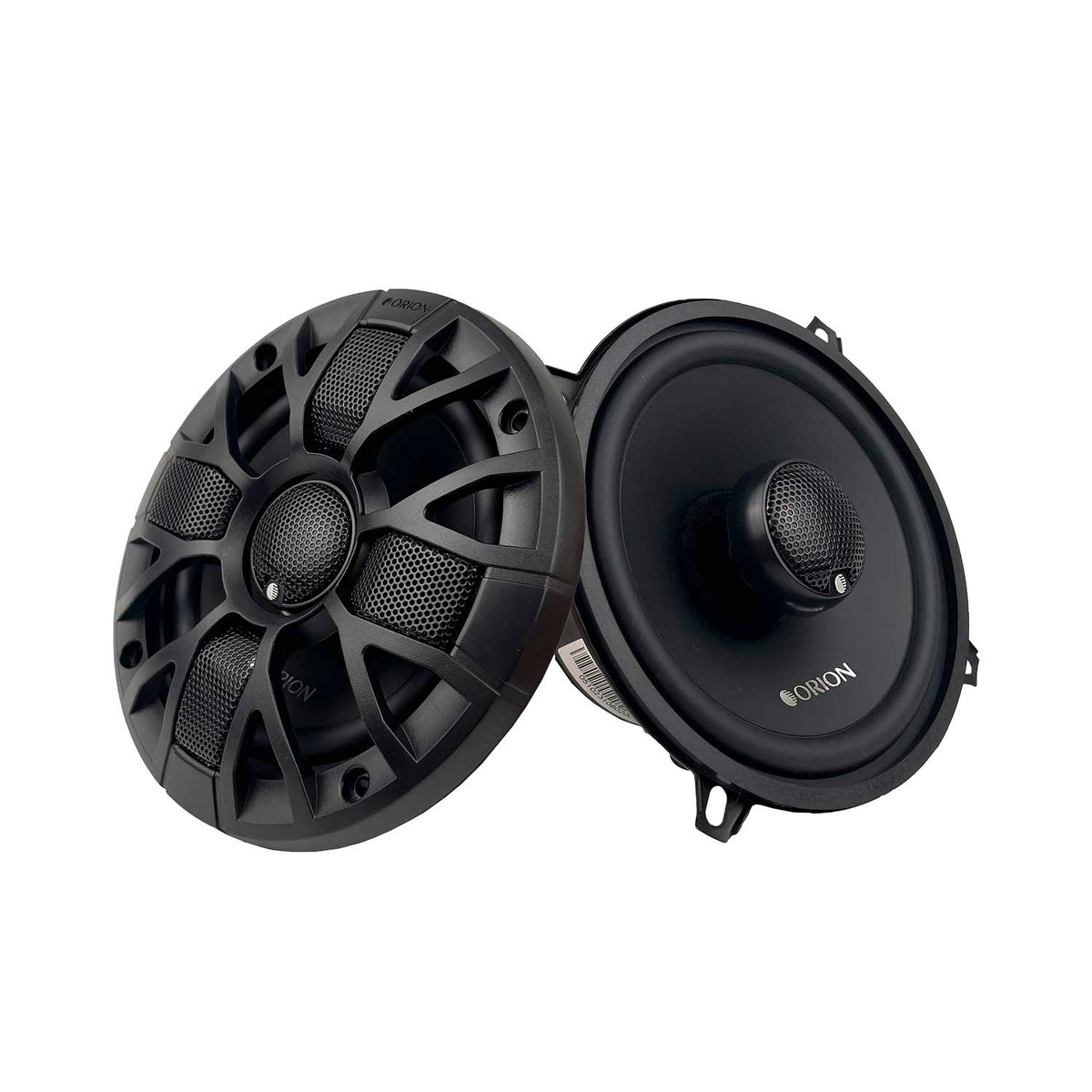 ORION XTR52.2 coaxial speakers, angled pair showing grille front and cone side