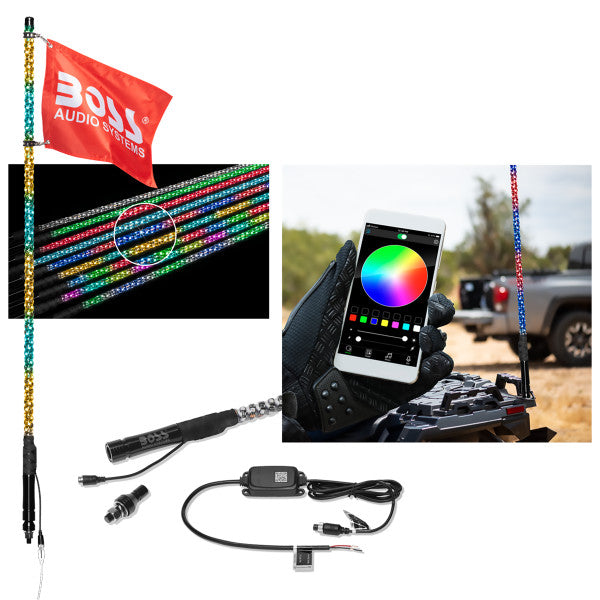 Boss Audio BOSS-XP4 BOSS Audio Systems XP4 ATV Chasing LED Whip Antenna - 48-inch, 360-degree RGB Illumination