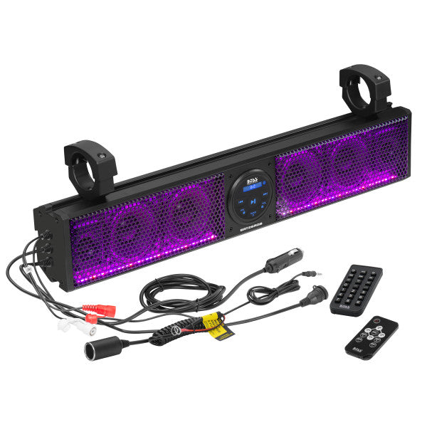 Boss Audio BOSS-BRT26RGB BOSS Audio Systems BRT26RGB ATV UTV Sound Bar System - 26 Inches Wide, IPX5 Rated Weatherproof, Bluetooth Audio, Amplified, 4 inch Speakers, 1 Inch Tweeters, USB Port, RGB Multicolor Illumination