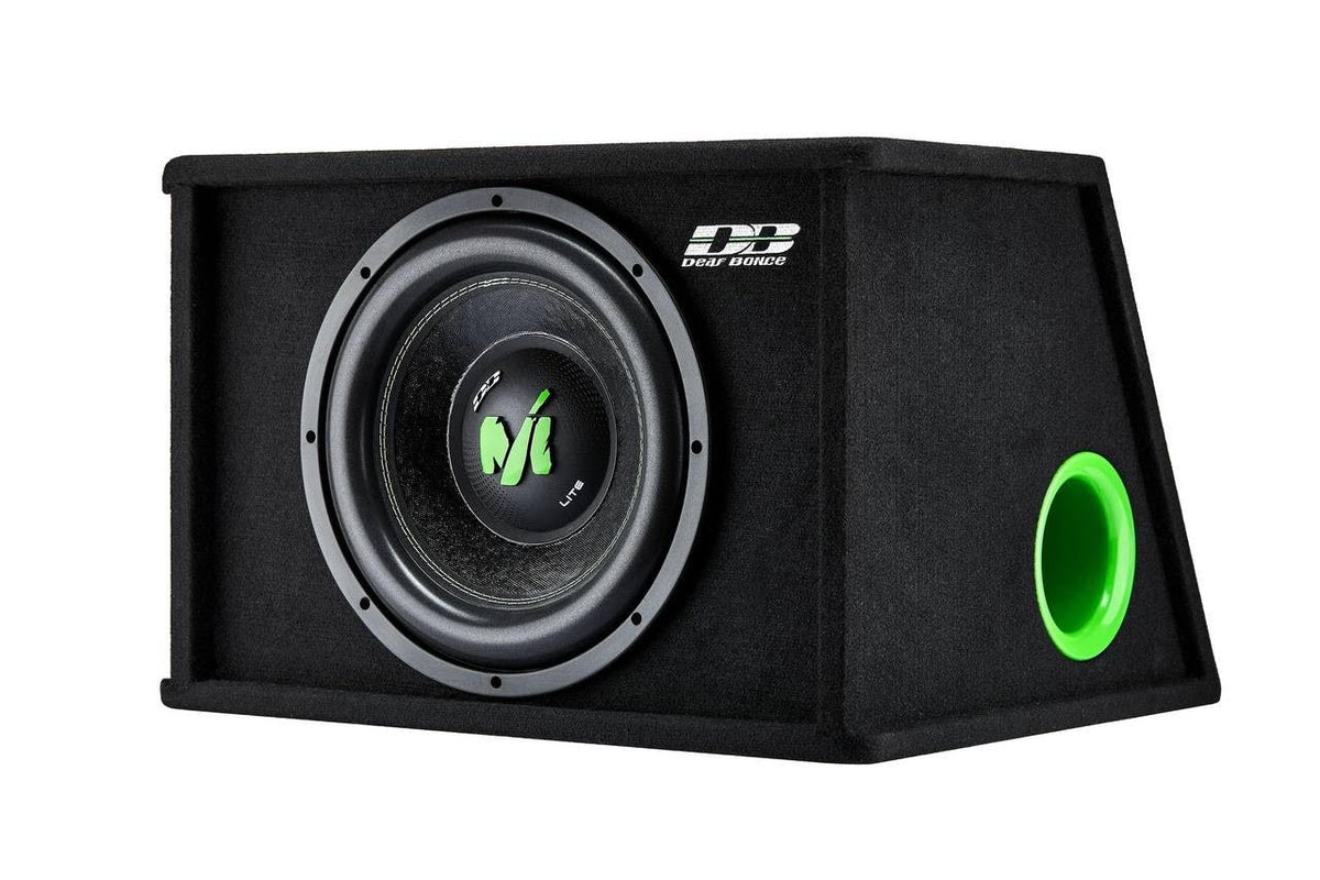Deaf Bonce Machete ML-10A, angled side view showing subwoofer and green port opening
